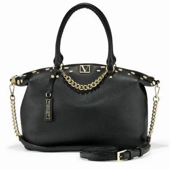 Victoria’s Secret black pebbled faux leather bag with gold hardware, mirror - Picture 1 of 11